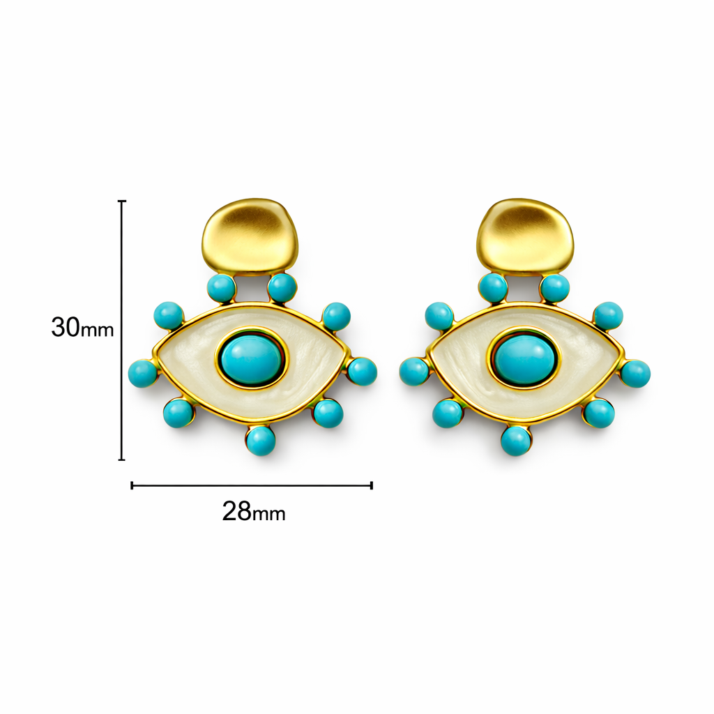 Goldene Emaille Ohrstecker mit organischem Design, weißer Emaille, Maße 30 mm Höhe und 28 mm Breite, Modeschmuck aus nickelfreier Legierung.