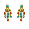 Goldene Statement Ohrringe mit türkisfarbenen und roten Natursteinen, Größe 65 mm Höhe und 30 mm Breite, Modeschmuck aus nickelfreier Legierung.