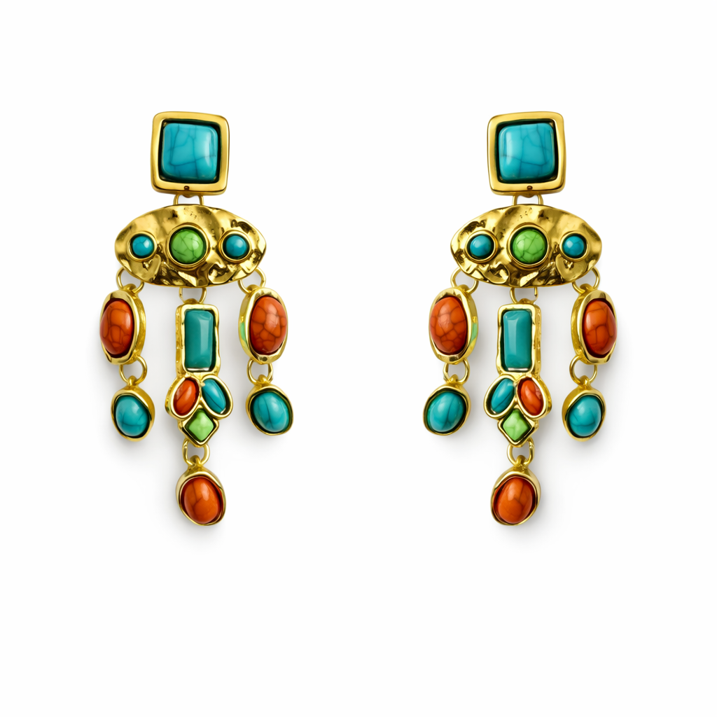 Goldene Statement Ohrringe mit türkisfarbenen und roten Natursteinen, Größe 65 mm Höhe und 30 mm Breite, Modeschmuck aus nickelfreier Legierung.