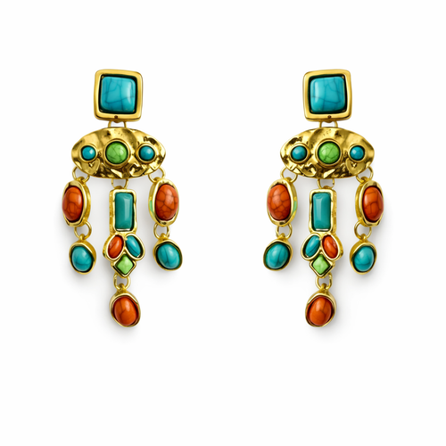 Goldene Statement Ohrringe mit türkisfarbenen und roten Natursteinen, Größe 65 mm Höhe und 30 mm Breite, Modeschmuck aus nickelfreier Legierung.
