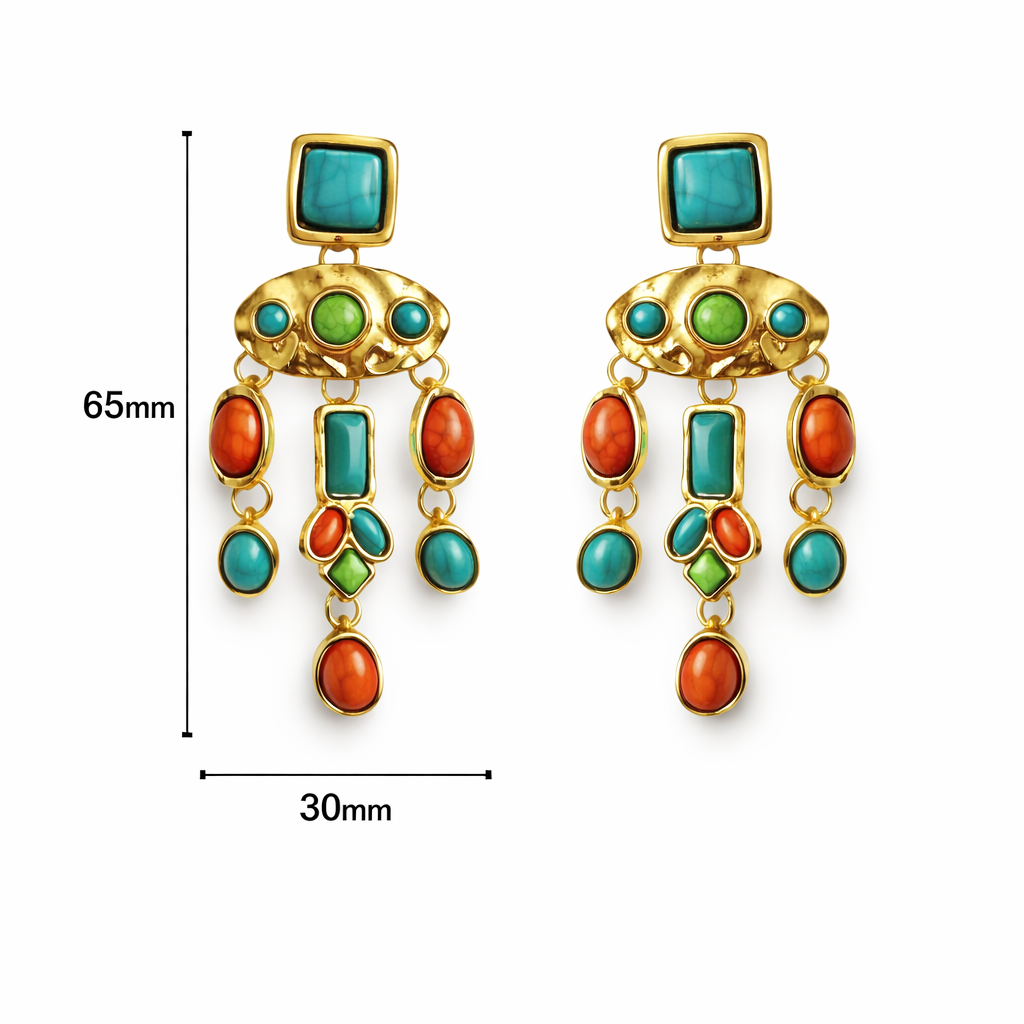 Goldene Statement Ohrringe mit türkisfarbenen und roten Natursteinen, Größe 65 mm Höhe und 30 mm Breite, Modeschmuck aus nickelfreier Legierung.
