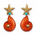 Goldene Seestern Statement Ohrringe mit orangefarbener Emaille Muschel und türkisfarbenem Detail, Größe 65 mm Höhe und 30 mm Breite, Modeschmuck aus nickelfreier Legierung.