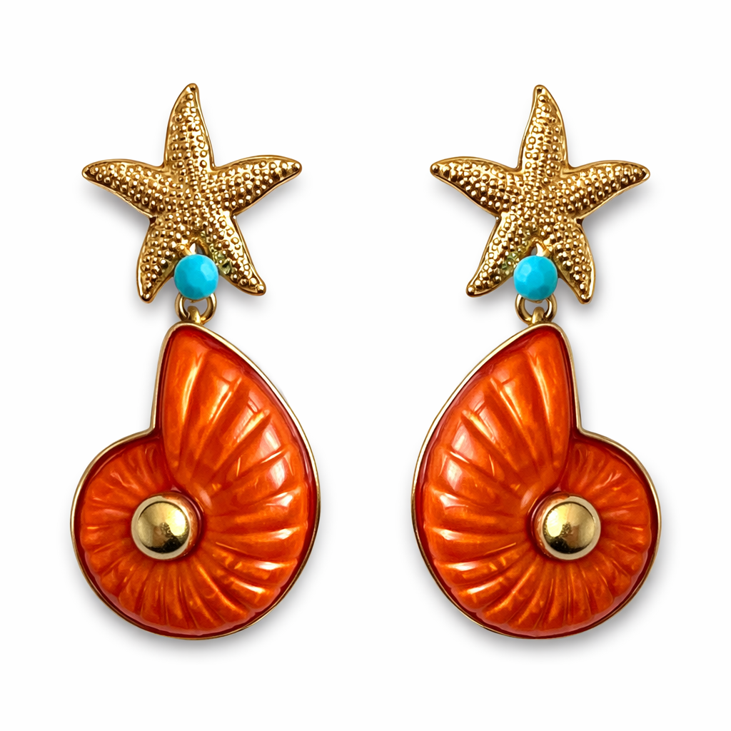 Goldene Seestern Statement Ohrringe mit orangefarbener Emaille Muschel und türkisfarbenem Detail, Größe 65 mm Höhe und 30 mm Breite, Modeschmuck aus nickelfreier Legierung.