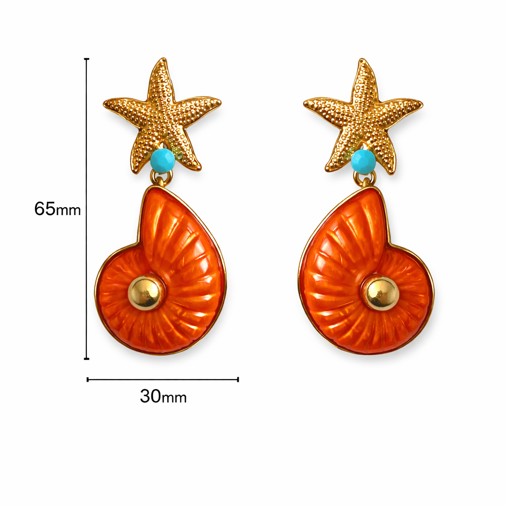 Goldene Seestern Statement Ohrringe mit orangefarbener Emaille Muschel und türkisfarbenem Detail, Größe 65 mm Höhe und 30 mm Breite, Modeschmuck aus nickelfreier Legierung.