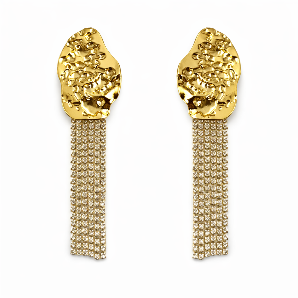 Goldene Statement Ohrstecker mit langen Strass-Fransen, Größe 100 mm Höhe und 28 mm Breite, elegante Hängeohrringe aus nickelfreier Legierung.