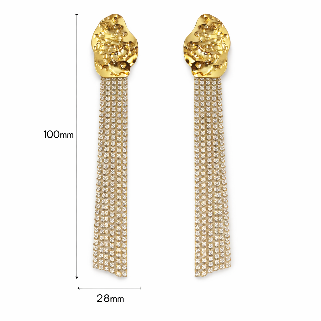 Goldene Statement Ohrstecker mit langen Strass-Fransen, Größe 100 mm Höhe und 28 mm Breite, elegante Hängeohrringe aus nickelfreier Legierung.