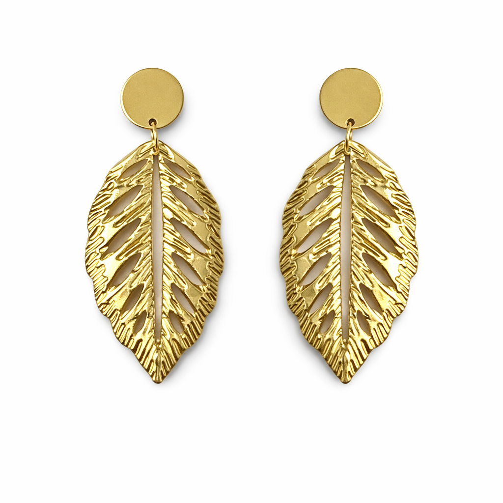 Goldene Statement Ohrhänger im Blattdesign, Größe 65 mm Höhe und 32 mm Breite, leichte Modeschmuck Ohrringe aus nickelfreier Legierung.