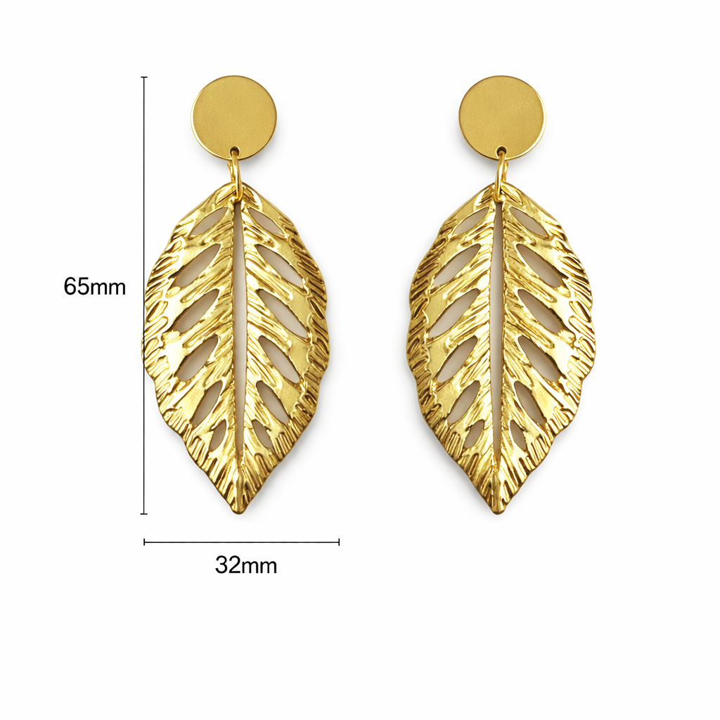 Goldene Statement Ohrhänger im Blattdesign, Größe 65 mm Höhe und 32 mm Breite, leichte Modeschmuck Ohrringe aus nickelfreier Legierung.