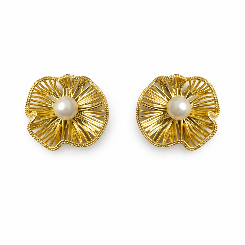 Goldene Statement Ohrstecker im Blumen-Design mit Perle, Größe 32 mm Höhe und 32 mm Breite, Modeschmuck aus nickelfreier Legierung