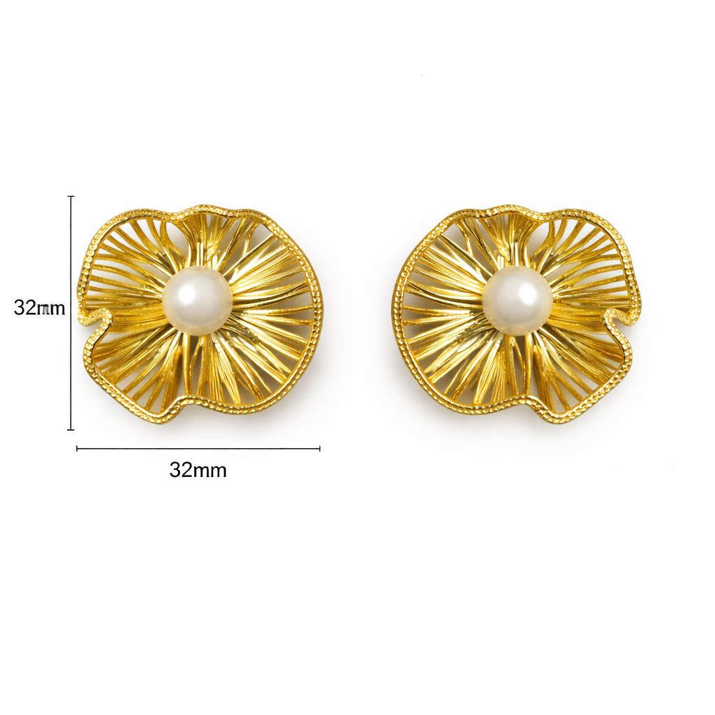 Goldene Statement Ohrstecker im Blumen-Design mit Perle, Größe 32 mm Höhe und 32 mm Breite, Modeschmuck aus nickelfreier Legierung